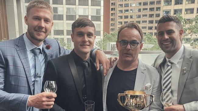 Verry Elleegant part-owner John O’Neill with Tiger’s star Nathan Broad, Jayden Short and footballer Jack Graham. Picture: Nathan Broad/Instagram