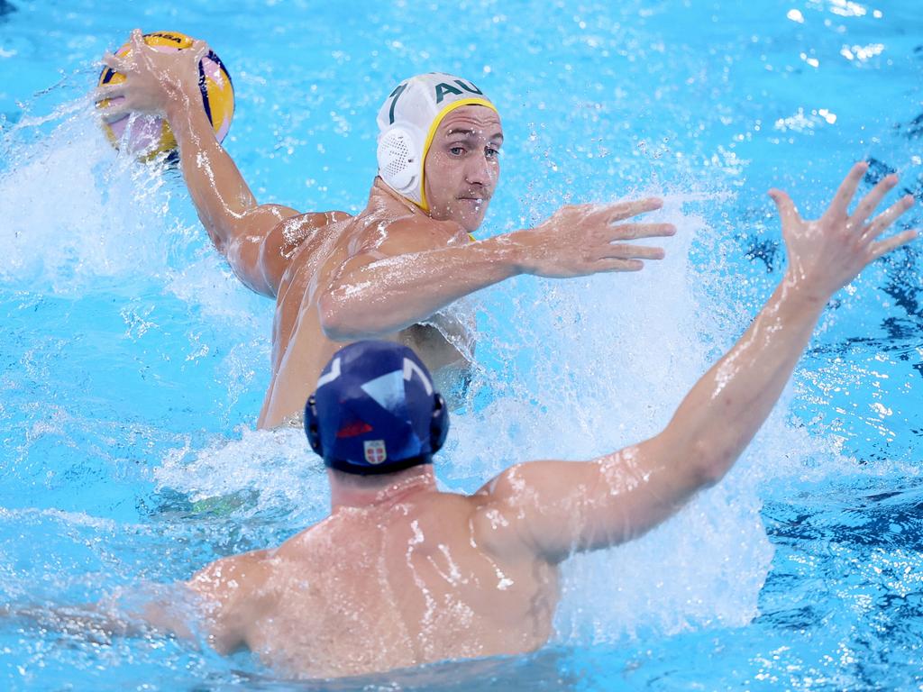 Luke Pavillard of Team Australia shoots during the men's preliminary round group B match between Team Australia and Team Serbia on day four, the 8-3 win to the Aussies the biggest upset in the Games so far. Picture: Clive Rose/Getty Images