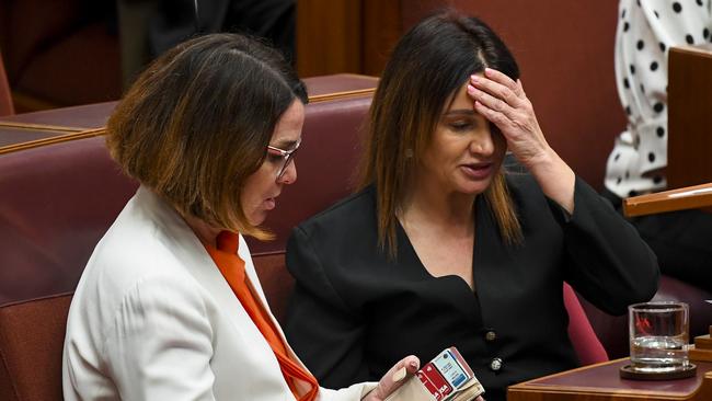 Jacqui Lambie (right) prepares to speak in the Senate today. Picture: AAP