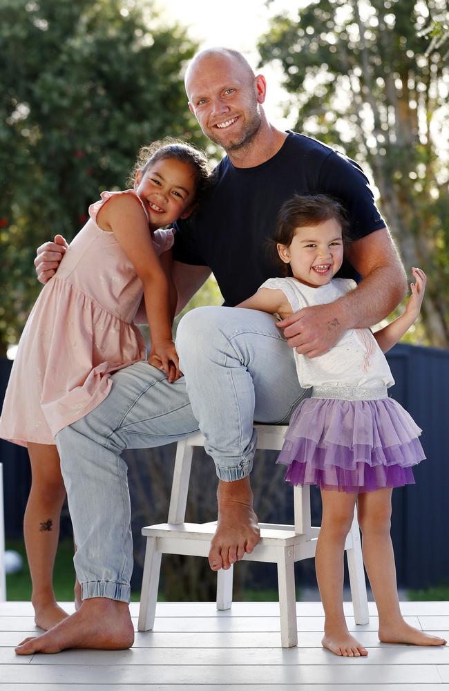 Parramatta Eels forward David Gower pictured with daughters Amelia (7) and Keira (4). Picture: Sam Ruttyn