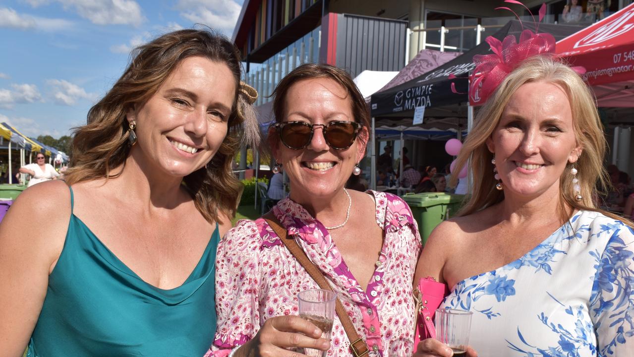 Karina Yates, Carol Caffine and Robbie Jacobs at The Gympie Times Ladies Race Day.