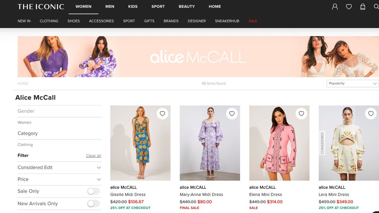 Alice McCall stock was sold on The Iconic.