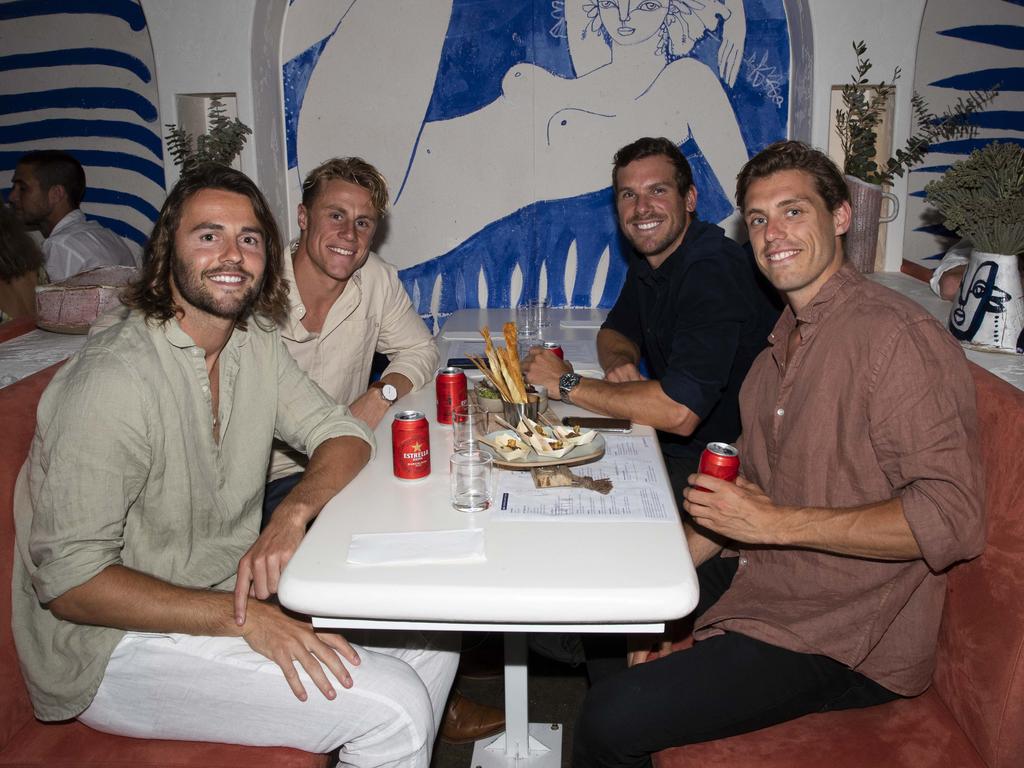 Ironman Matt Bevilacqua (Back Left), Swimmer James Roberts (Back Right), Gold Coast Suns Lachie Weller (Front Left) and Former AFL player Tommy Sheridan (Front Right) attend the opening of new Burleigh restaurant Maman on 1st October 2020. Picture: Jackson O'Brien.