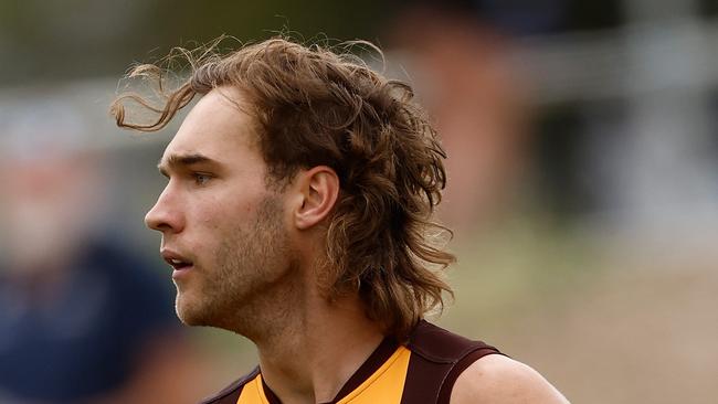 MELBOURNE, AUSTRALIA - FEBRUARY 23: Jack Scrimshaw of the Hawks in action during the AFL 2024 Match Simulation between the Western Bulldogs and Hawthorn at Whitten Oval on February 23, 2024 in Melbourne, Australia. (Photo by Michael Willson/AFL Photos via Getty Images)