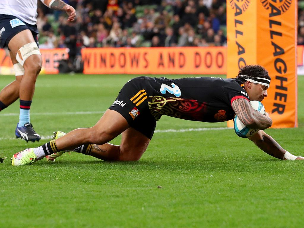 Chiefs winger Jonah Lowe scores one of his four tries. Picture: Kelly Defina/Getty Images