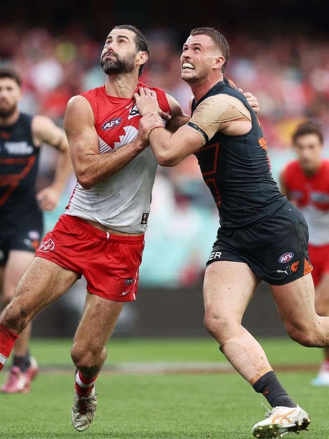 Brodie Grundy and Kieren Briggs go head-to-head. Picture: Matt King/AFL Photos