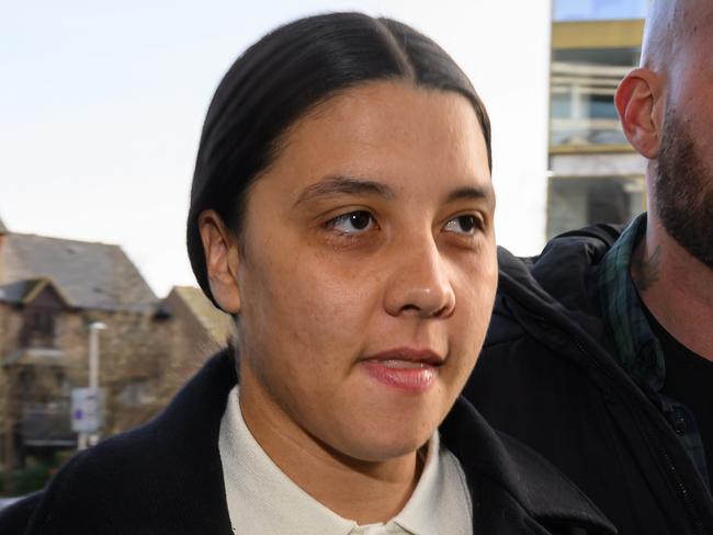 KINGSTON UPON THAMES, ENGLAND - FEBRUARY 05: Australian footballer Sam Kerr arrives at Kingston-Upon-Thames Crown Court on February 05, 2025 in Kingston upon Thames, England. The Matildas star, who also plays professionally for Chelsea in the Women's Super League, is facing charges of "racially aggravated harassment" of a police officer related to an incident in Twickenham on January 30, 2023. (Photo by Leon Neal/Getty Images)