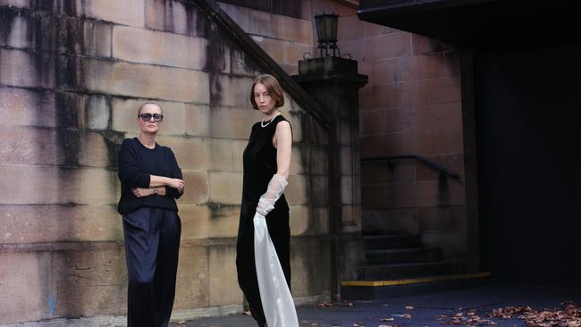 Fashion designer Marina Afonina with model Gemma Hamilton wearing black velvet dress with silk pants, UGG art express collaboration with pearls, and freshwater pearl necklace, from her forthcoming show at Australian Fashion Week. Britta Campion / The Australian