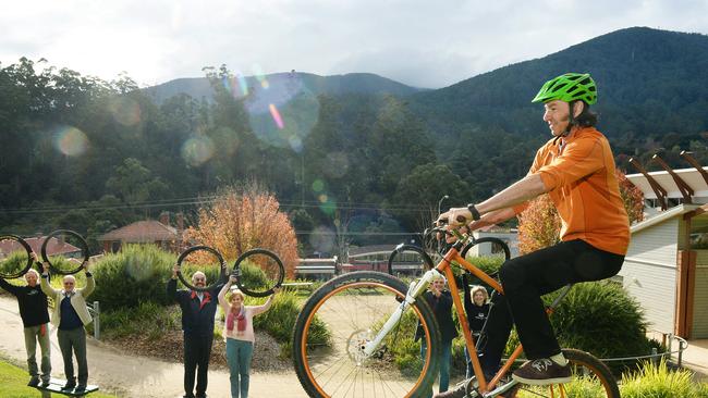 Warburton rider Damian Auton of Silvan is keen to see the Warburton Mountain bike project completed along with supporters Doug Greenall, Geoff Vickers, Peter Kimberley, Peta Godenzi, Cr Jim Child, and Michelle Greenall. Picture: Steve Tanner