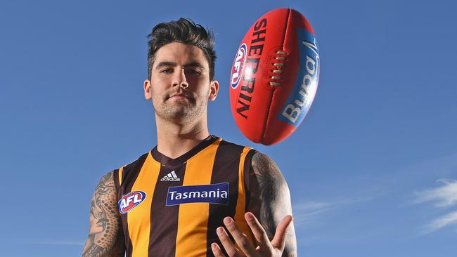 Chad Wingard dons a Hawthorn guernsey for the first time on his arrival at Waverley on Friday. Picture: Quinn Rooney/Getty Images