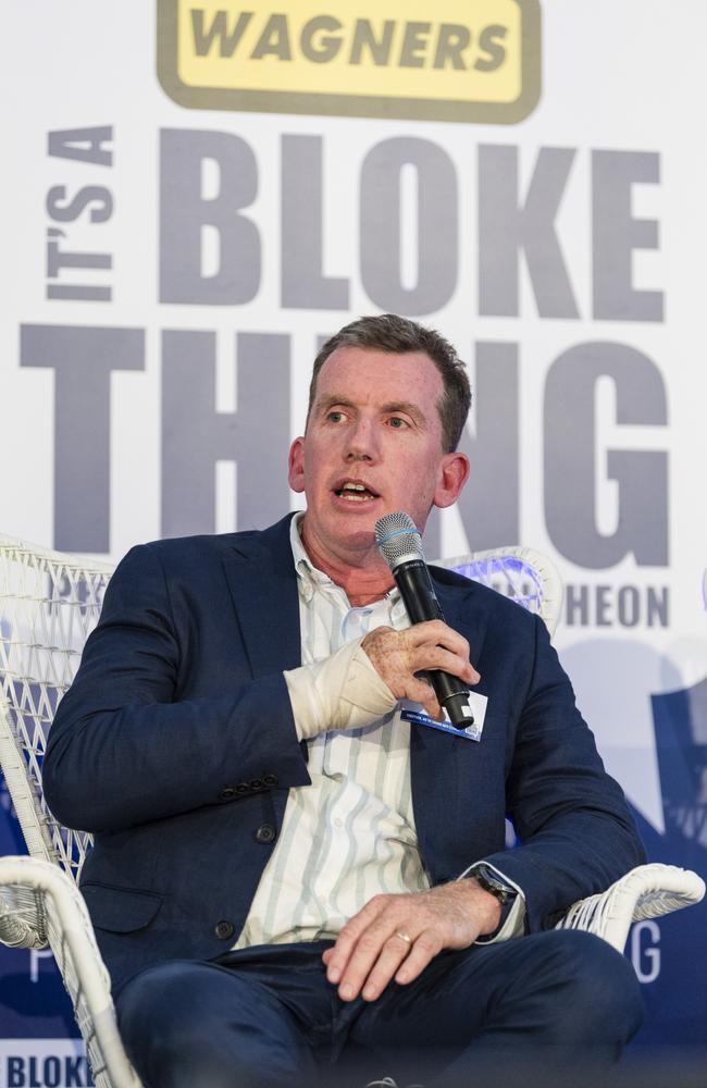 Tim O'Neill on stage during a panel discussion at It's A Bloke Thing 2023 at Wellcamp Airport, Friday, August 18, 2023. Picture: Kevin Farmer