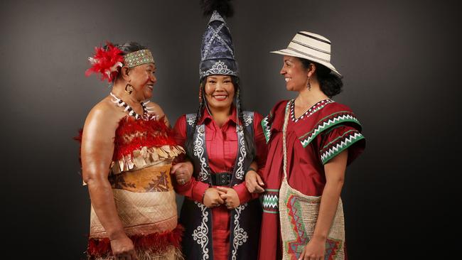 Loni Kube originally from Samoa, Cholpon Tabyldieva originally from Kyrgyzstan, Ana Carolina Ceballos originaly from Panama who are all participants in the project 177 Nations of Tasmania by Mark Thomson and Andrew Wilson.  Picture: Nikki Davis-Jones