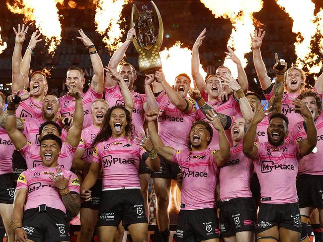 DAILY TELEGRAPH OCTOBER 6, 2024. Panthers celebrating winning the NRL Grand Final against Melbourne Storm at Accor Stadium, Sydney Olympic Park. Picture: Jonathan Ng