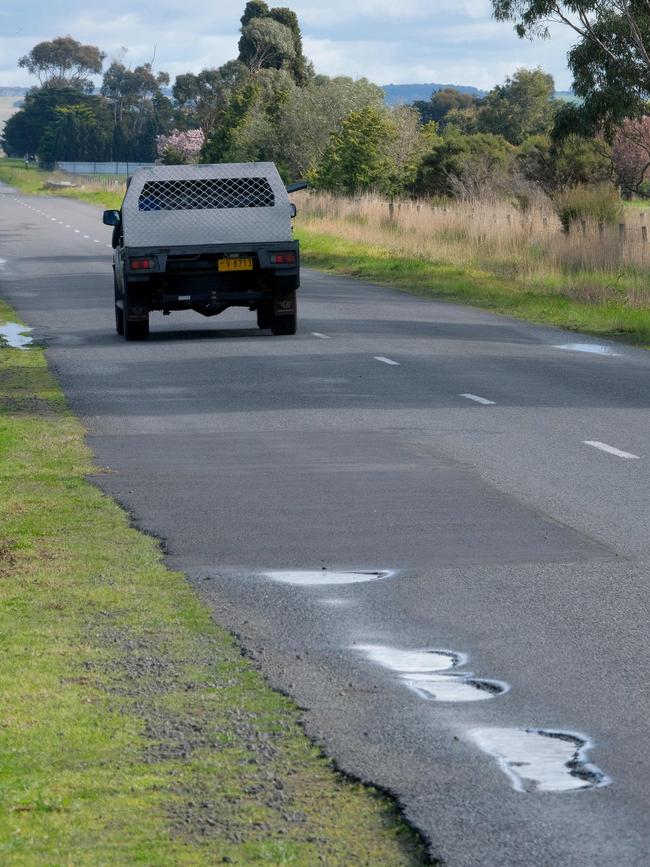 Potholes on a Geelong region Victorian road in 2021. Picture: Mark Wilson