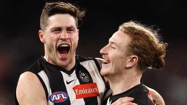 MELBOURNE . 09/09/2022. AFL. 1st Semi Final. Collingwood vs Fremantle at the MCG.   Jack Crisp of the Magpies celebrates a 4th quarter goal   . Picture by Michael Klein