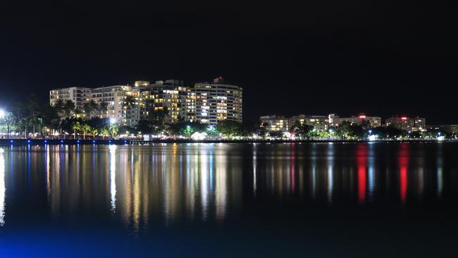 Cairns city at night, looking over the waterfront to the Esplanade.