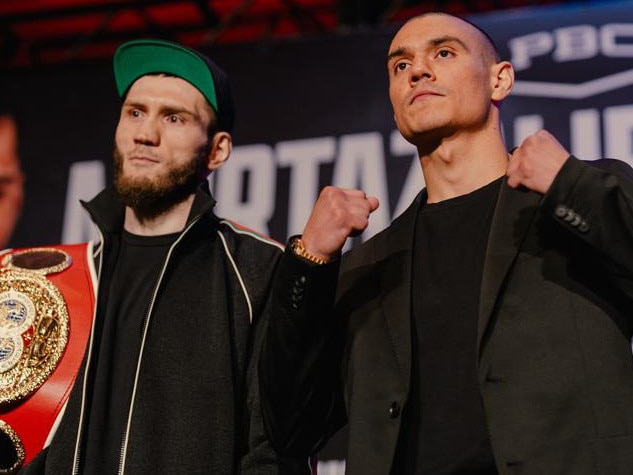 Tim Tszyu comes face-to-face with Bakhram Murtazaliev. Picture: Johnny Garcia