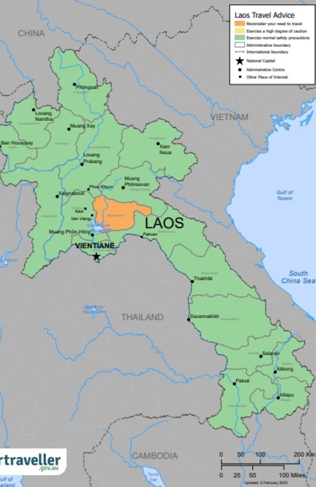 Laos remains a level one travel advice country despite the new warning. Australians are told to reconsider their need to travel to Xaisomboun Province, east of Vang Vieng (orange on the map) due to the high risk of armed attacks. Picture: Smartraveller