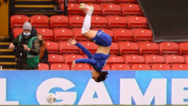 Sam Kerr celebrates a goal with her trademark flip. Picture: Naomi Baker/Getty Images