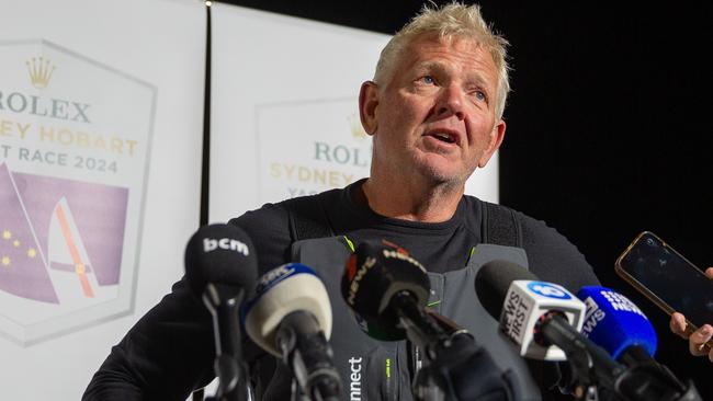 Sailing master of Law Connect Tony Mutter faces media after arrival in Hobart in the early hours of Saturday 28th December. Picture: Linda Higginson