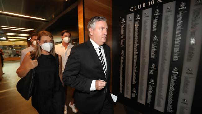 Collingwood President Eddie McGuire leaves Collingwood with his wife Carla and sons Joe and Alexander after resigning as Magpies president. Picture: Alex Coppel.