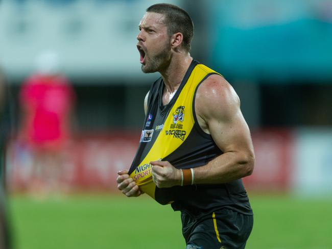 Trent Melville celebrates a clutch goal for Nightcliff during the 2020-21 NTFL Grand Final against St Mary’s, a game many are saying was the best NTFL title decider of all time. Picture: Che Chorley