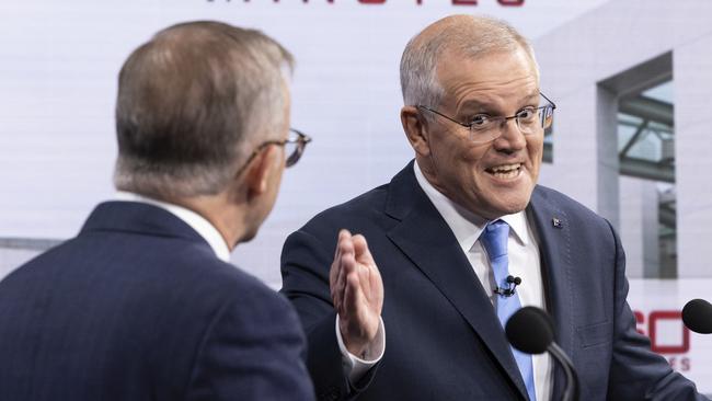 Scott Morrison was asked ‘why don’t voters like you’, while Anthony Albanese faced tough questions over the death of a Labor senator who alleged she was bullied by colleagues. Picture: Alex Ellinghausen