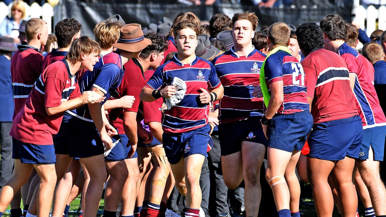 The Southport School run onto the ground. GPS first XV Rugby union game between The Southport School v Nudgee College. Saturday July 16, 2022. Picture, John Gass