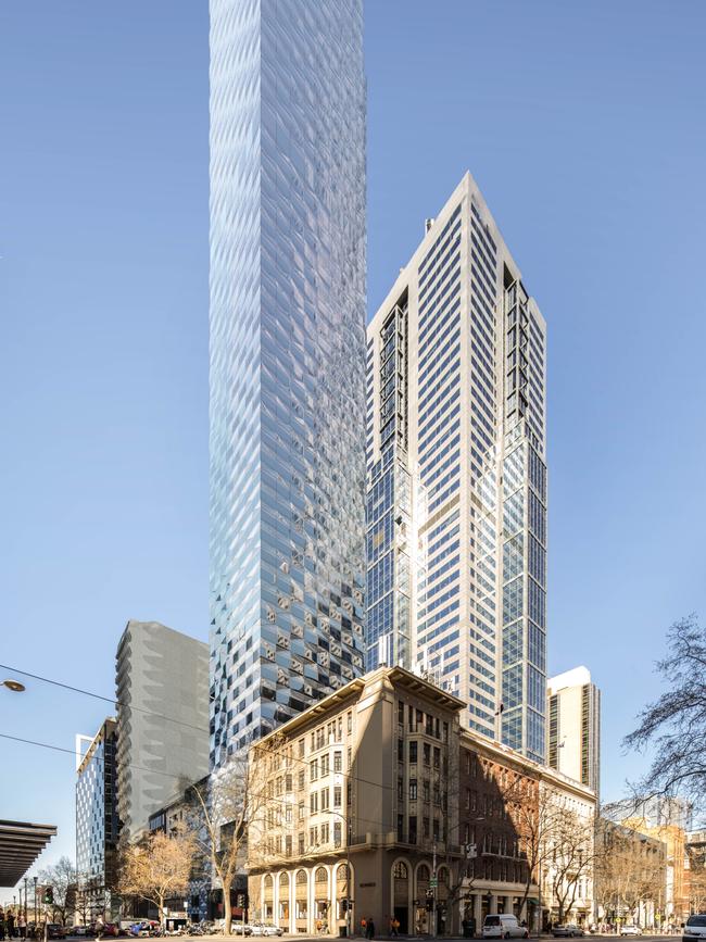 Still listed as approved on the City of Melbourne website, construction is yet to start at 57-63 Exhibition St, Melbourne, where a 52-storey development – shown in this artist’s rendering – was previously approved before the site sold earlier this year. Picture: Supplied.