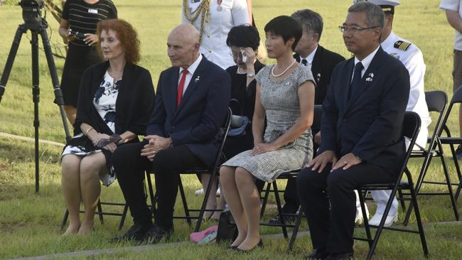 Ruth Jones, Administrator of the Northern Territory Professor Hugh Heggie PSM, Mariko Tokuda, and Consul-General of Japan Shuichi Tokuda attended the I-124 submarine memorial. Picture: Sierra Haigh