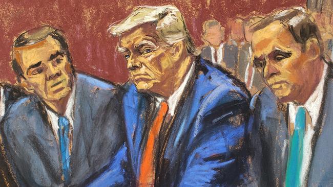 Former US President Trump appears on classified document charges after a federal indictment at Wilkie D Ferguson Jr United States Courthouse. Courtroom sketch: Reuters/Jane Rosenberg