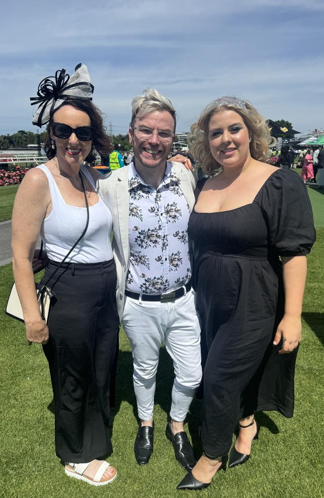 Leann Howlett, Josh Campbell and Nikita Young at Flemington for Derby Day on November 2, 2024. Picture: Phillippa Butt