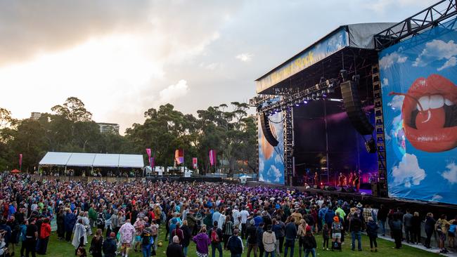 Crowd gathered in front of the main stage at the debut Harvest Rock festival in Adelaide in 2022. Picture: Topbunk