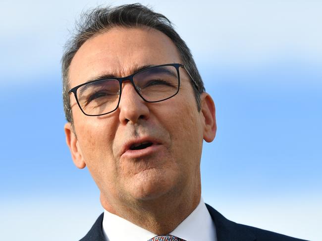 SA Premier Steven Marshall speaks to the media during a press conference before the first international freight flight leaves Adelaide Airport in Adelaide, Wednesday, May 6, 2020. (AAP Image/David Mariuz) NO ARCHIVING