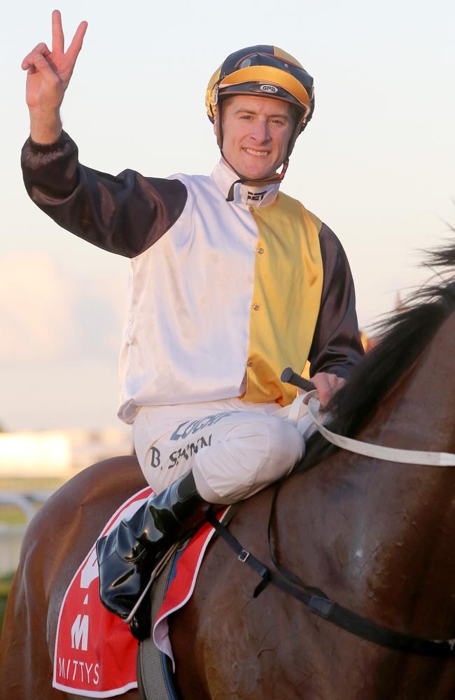 Blake Shinn salutes after Mackintosh emphatically won the Rough Habit Plate. Picture: Jono Searle