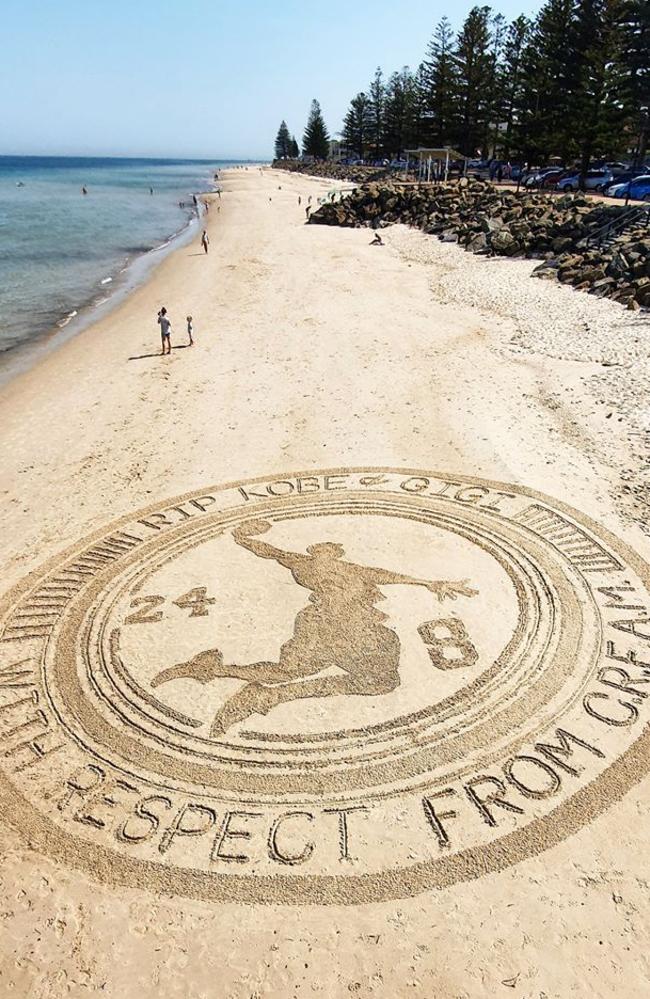 Sand art tribute to Kobe Bryant at Brighton, commissioned by CREAM. Photo: Supplied