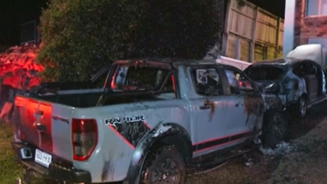 Burnt out cars at Edens Landing after the incident. Picture: Channel 9