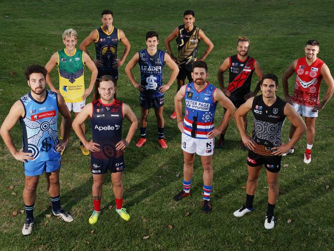 Preview picture of SANFL Indigenous Guernsey at Adelaide Oval, Monday, June 28, 2021. Front (L-R) Abaina Davis (Sturt), Matthew Nunn (Norwood), Nick Gillard (Central District), Joel Garner (Port Adelaide)Back (L-R) Connor McLeod (Woodville West Torrens), Ben Davis (Adelaide), Hayden Sampson (South Adelaide), Nasiah Wanganeen-Milera (Glenelg), Kenny Karpany (West Adelaide), Robbie Young (North Adelaide). Photo: David Mariuz.