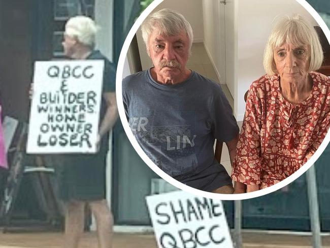 Christine and Leonard Ward protest outside Kerry Campbell Homes in Hervey Bay.