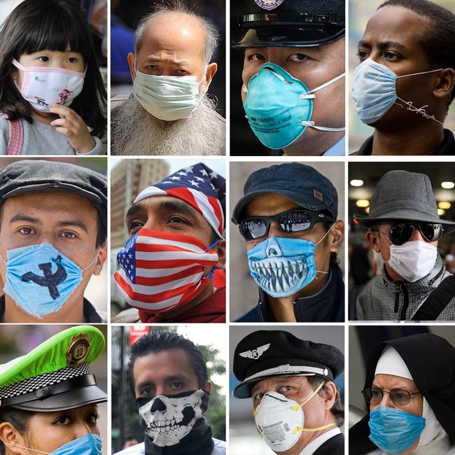 A composite image of people from around the world wearing face masks to protect themselves against the risk of contracting swine flu in 2009. Picture: AFP