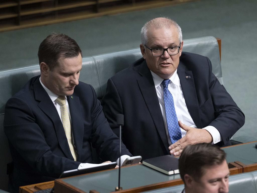 Scott Morrison and his ally Alex Hawke were pictured together during questioning time in the House on Tuesday. Photo: NCA NewsWire/Gary Ramage