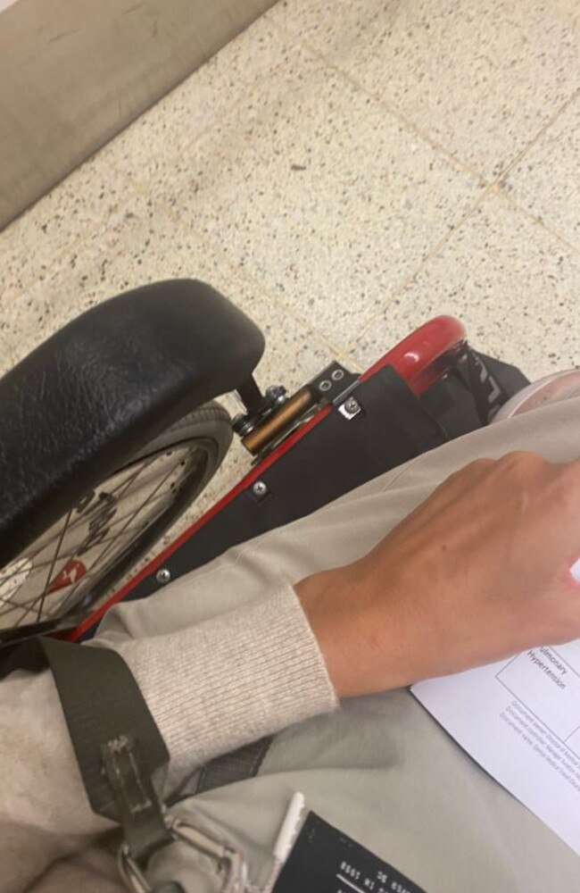 She was swept through customs in a wheelchair after arriving at Melbourne Airport. Picture: Twitter/SamanthaX_real