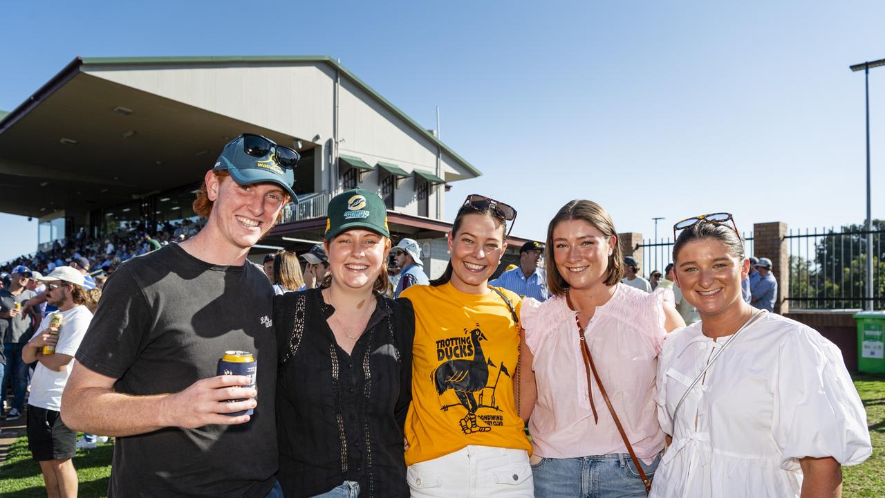 Getting behind the Goondiwindi Emus are (from left) Tom Charles, Lucy Charles, Matilda Craig, Isabelle Coleman and Sophie Coleman on Downs Rugby grand final day at Toowoomba Sports Ground, Saturday, August 24, 2024. Picture: Kevin Farmer