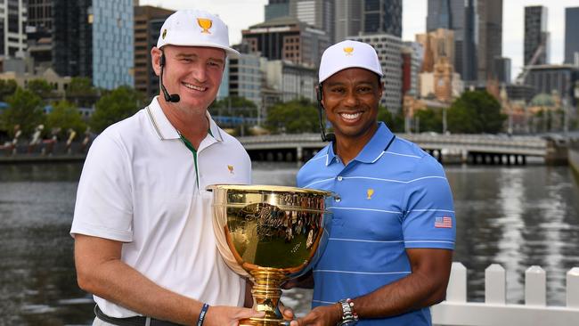 International captain Ernie Els (L) and US captain Tiger Woods ahead of the Presidents Cup. Picture: William West/AFP