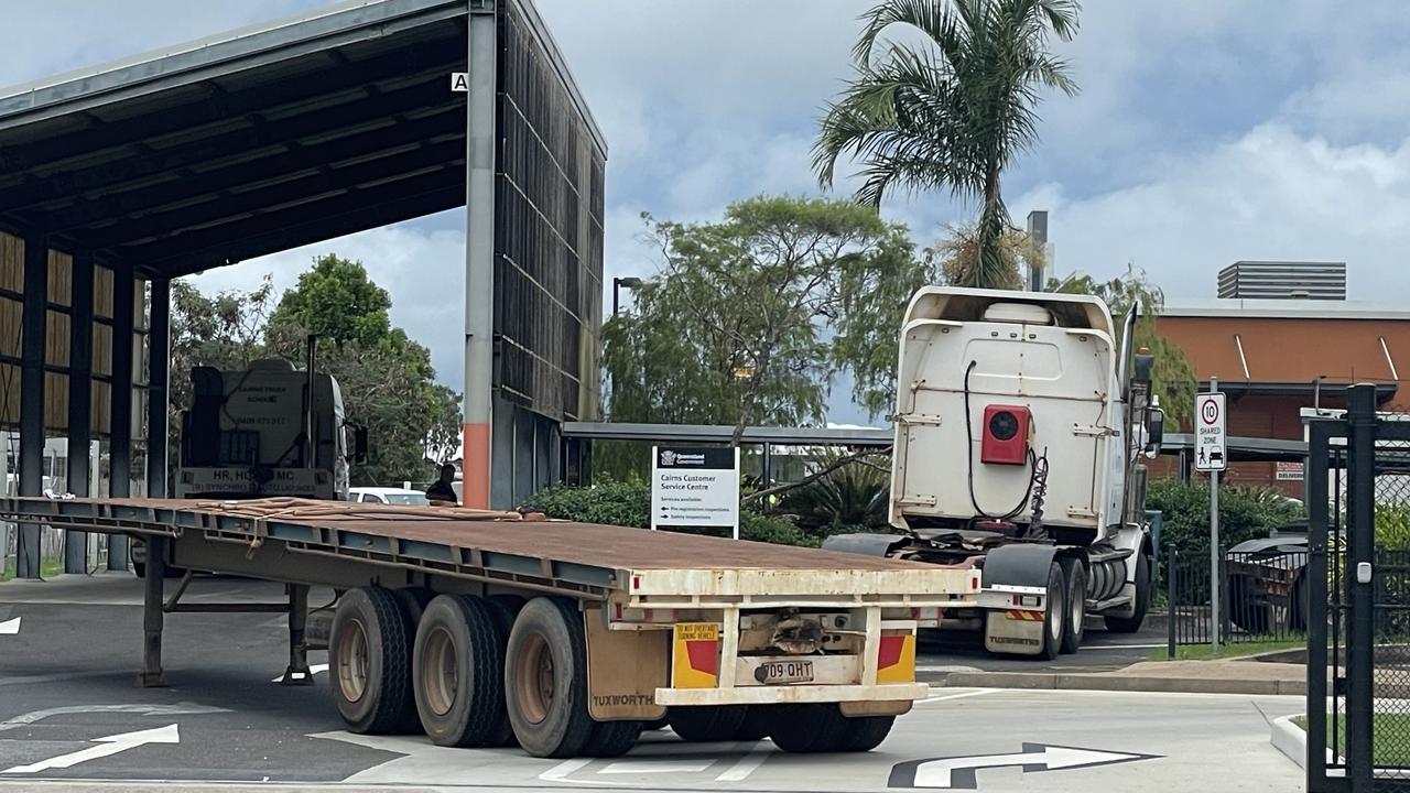 A trailer parked as a roadblock in protest at the TMR office in Cairns. Photo: Dylan Nicholson