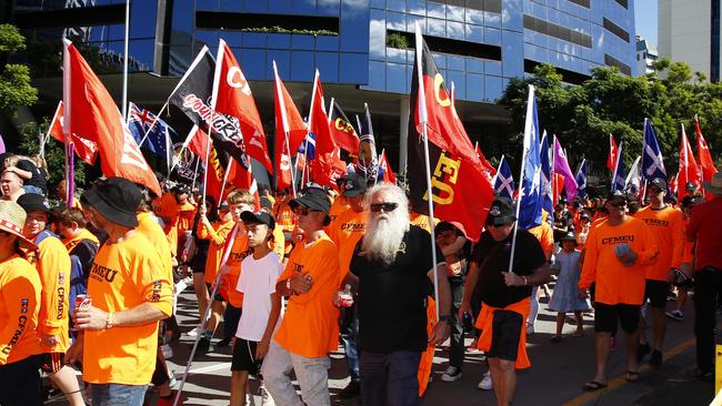 CFMEU members walk during the Labour Day march in Brisbane. Picture: Tertius Pickard