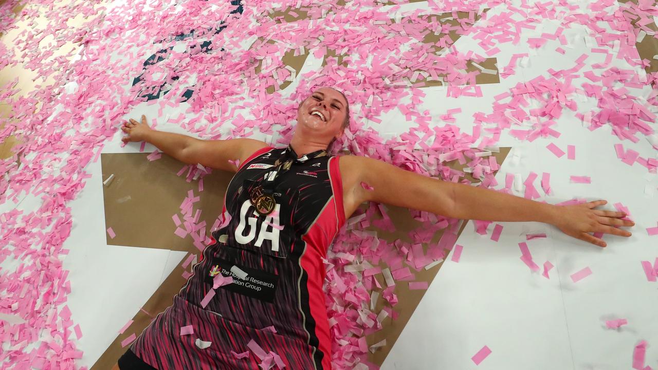 Eleanor Cardwell celebrates the 2023 Super Netball title. Picture: Kelly Defina