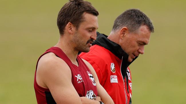 Alan Richardson and Jarryn Geary at St Kilda training. Picture: Getty Images