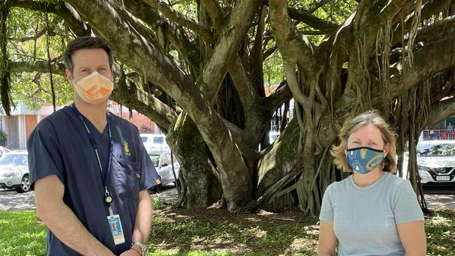 Cairns Hospital Chief Executive Tina Chinery (right) and infectious disease expert Dr Simon Smith provided an update about growing cases of COVID-19 across FNQ and the Cairns and Hinterland Hospital and Health Service response plan. Picture: Alison Paterson