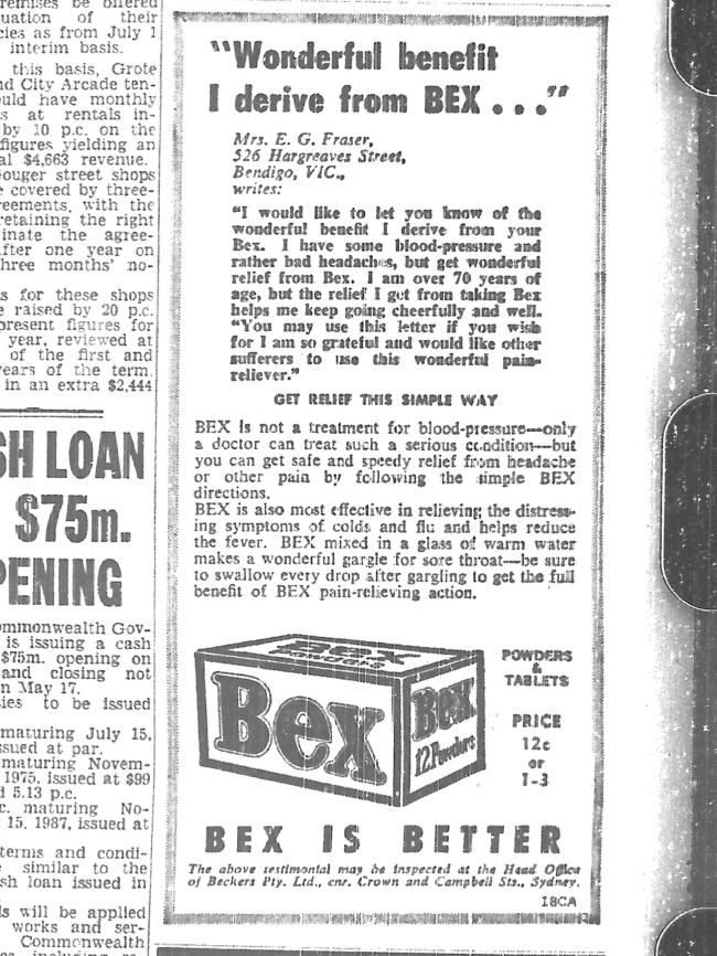 An advertisement for Bex powder, published in The Advertiser, May 4, 1966.